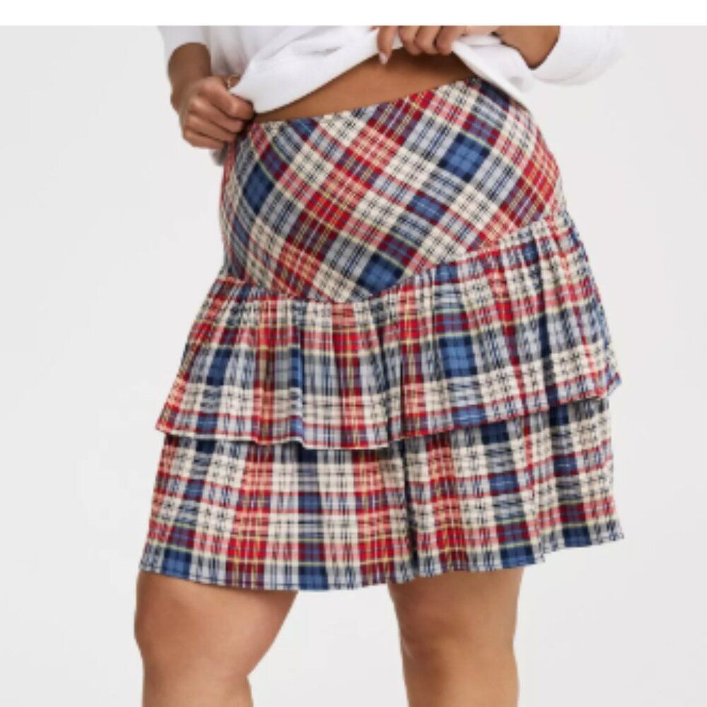 Torrid Ruffle Plaid Stretch Mini Skirt Red Blue A-Line Size 16